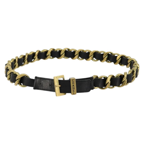 CHANEL Belt Leather 25.6""-27.6"" Gold Tone Black CC Auth bs11333