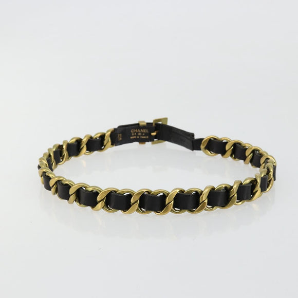 CHANEL Belt Leather 25.6""-27.6"" Gold Tone Black CC Auth bs11333