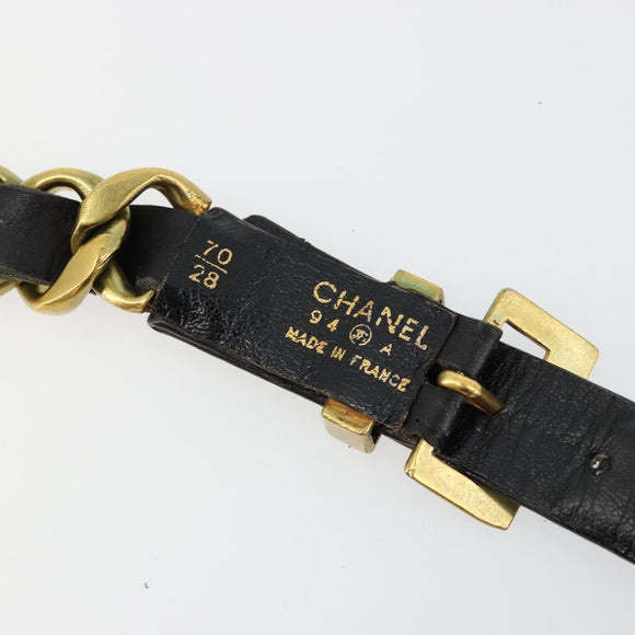 CHANEL Belt Leather 25.6""-27.6"" Gold Tone Black CC Auth bs11333