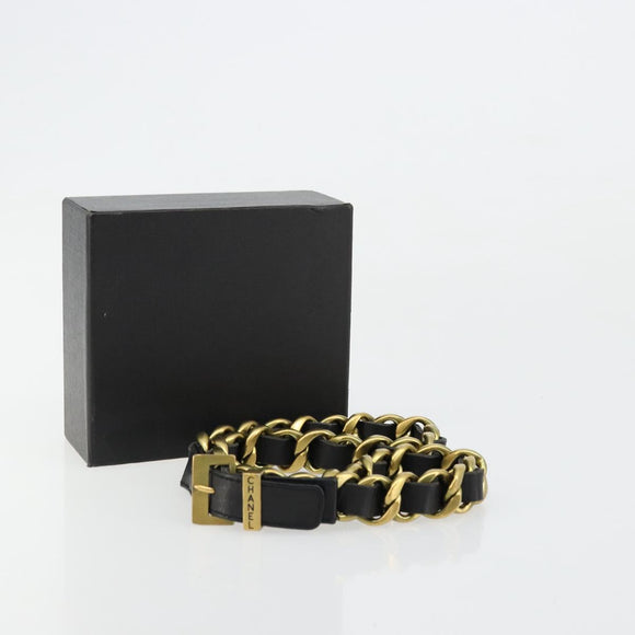 CHANEL Belt Leather 25.6""-27.6"" Gold Tone Black CC Auth bs11333