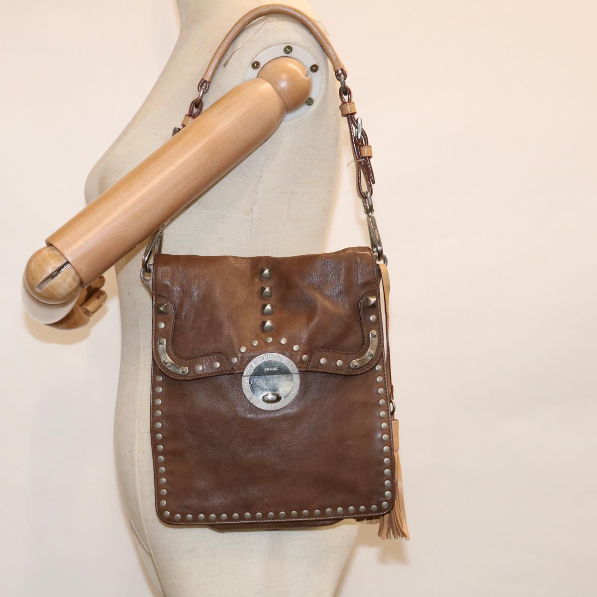 PRADA Shoulder Bag Leather Brown Auth bs11385