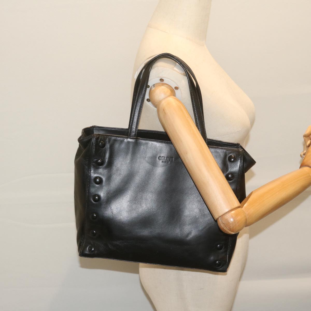 CELINE Tote Bag Leather Black Auth bs11451