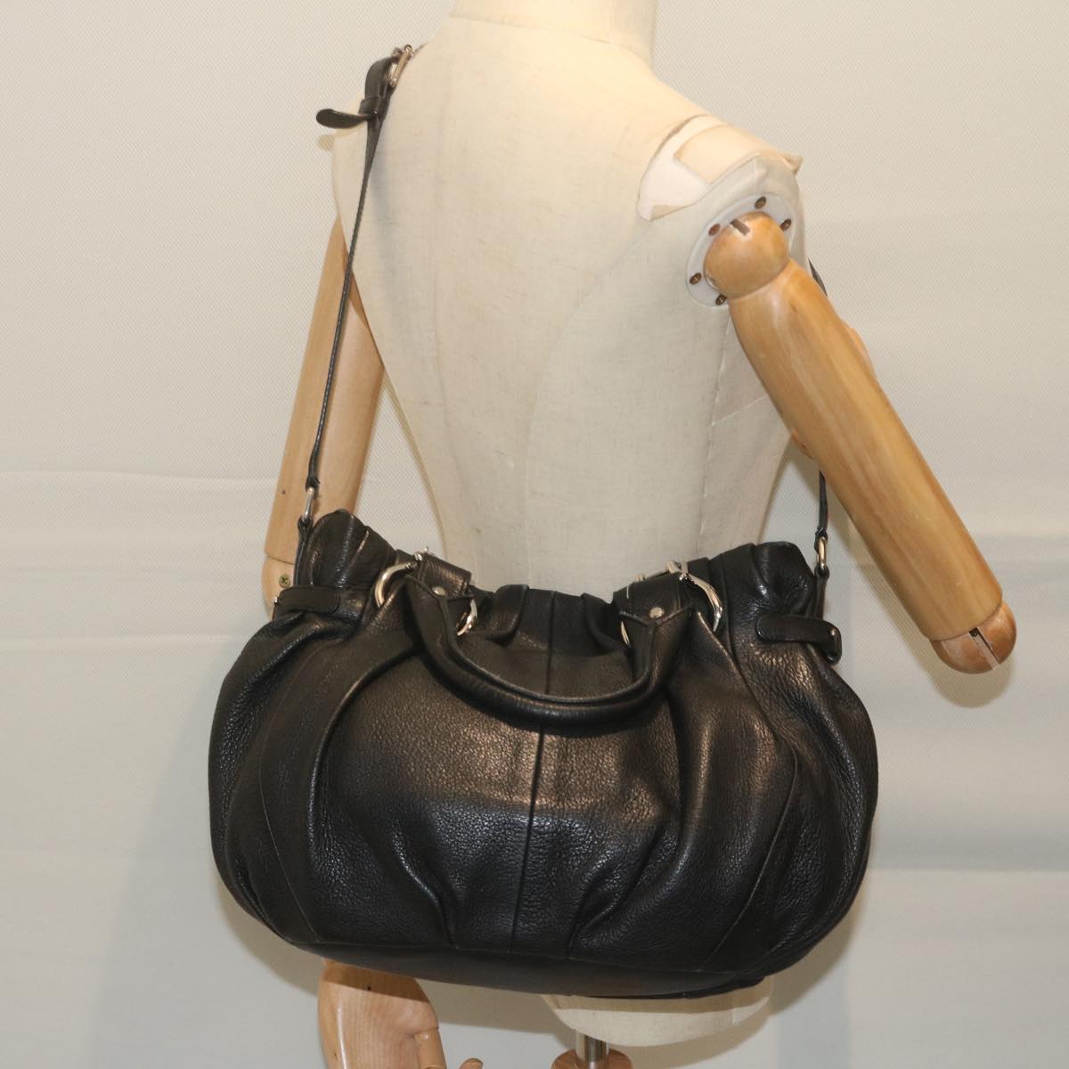 CELINE Hand Bag Leather Black Auth bs11458