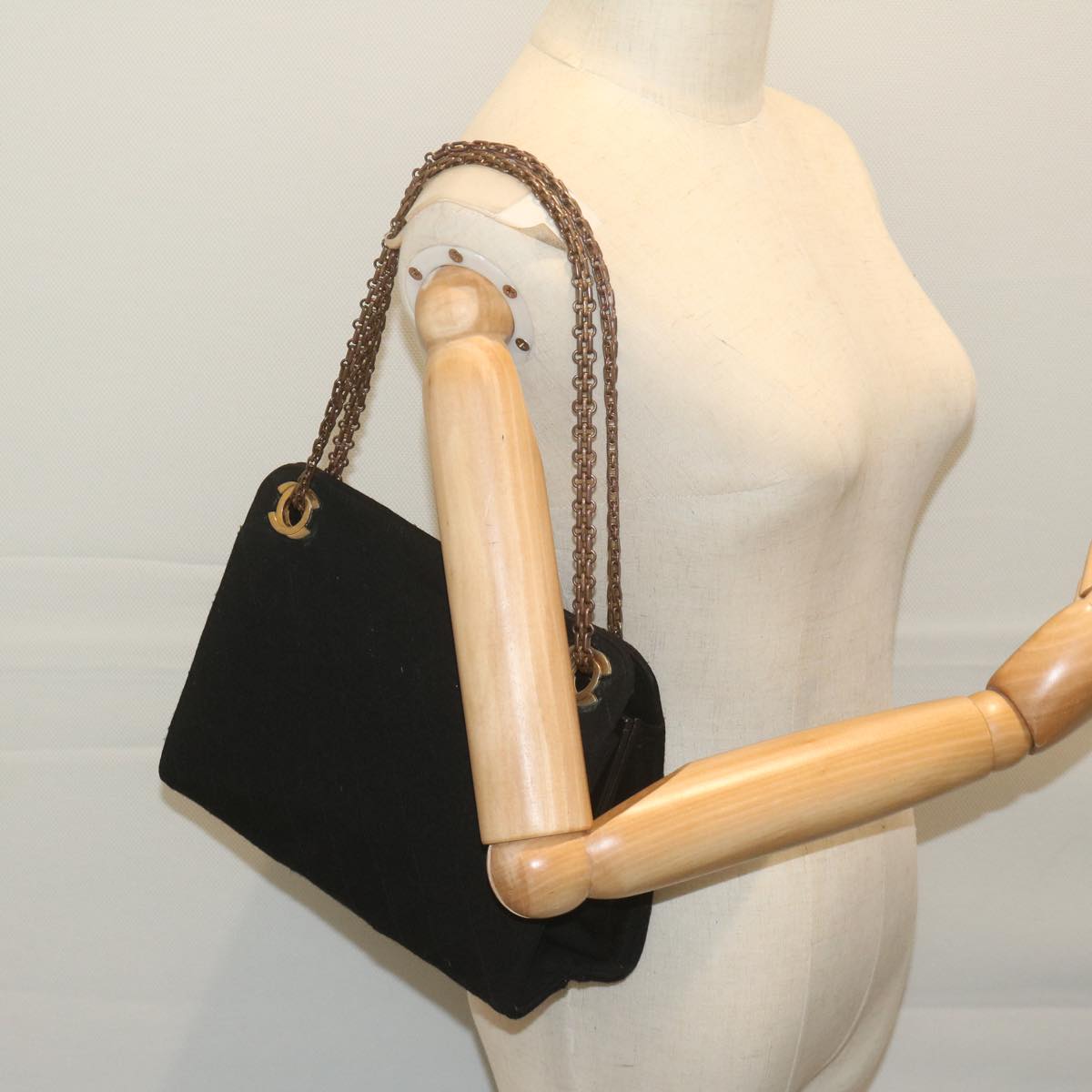 CHANEL Chain Shoulder Bag Cotton Black CC Auth bs11474