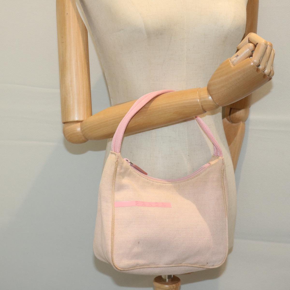 PRADA Sports Hand Bag Canvas Beige Pink Auth bs11578