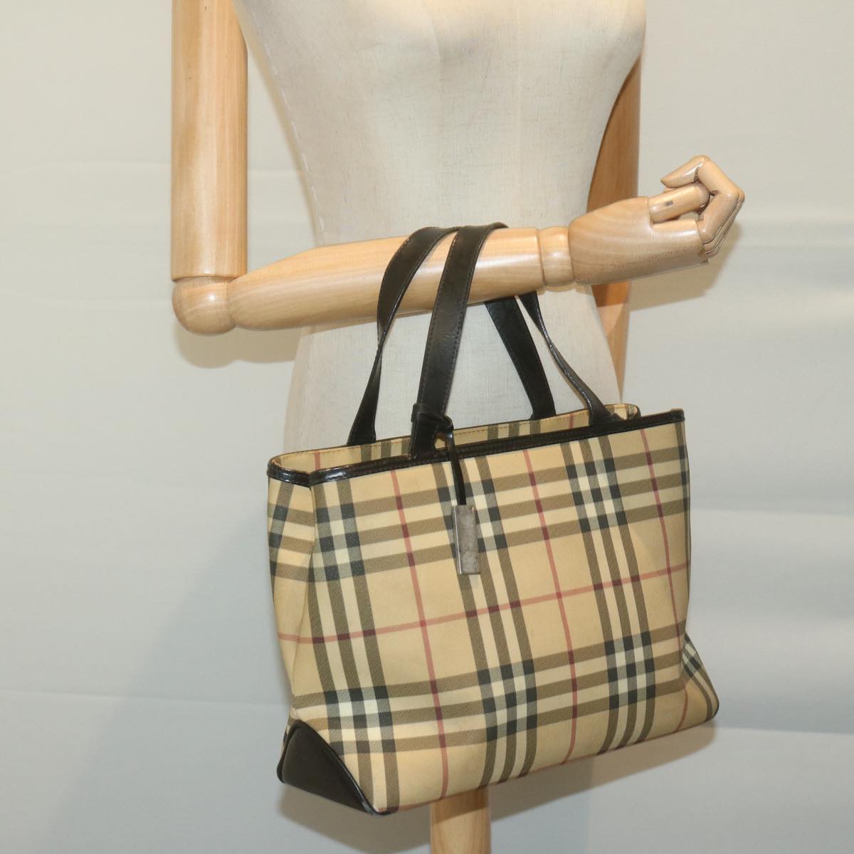 BURBERRY Nova Check Hand Bag Coated Canvas Beige Auth bs11630