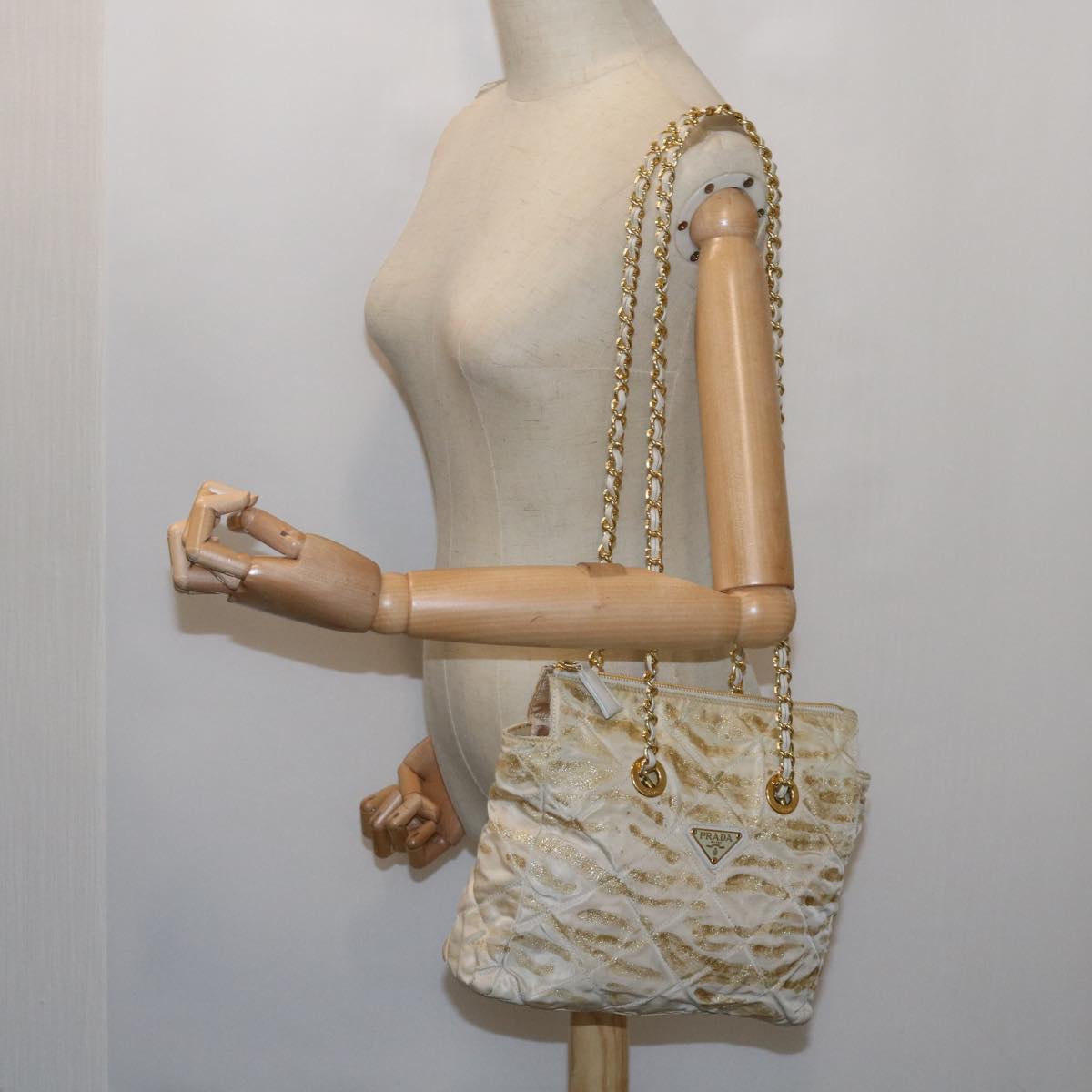 PRADA Quilted Chain Shoulder Bag Nylon Beige Gold Auth bs11645