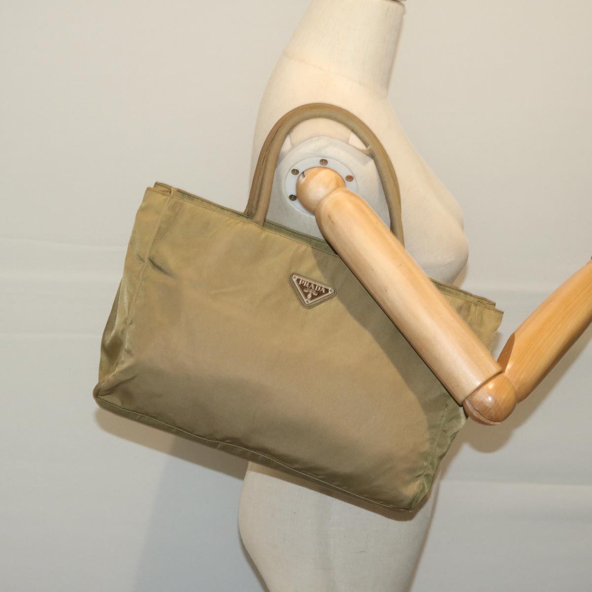 PRADA Hand Bag Nylon Khaki Auth bs11655