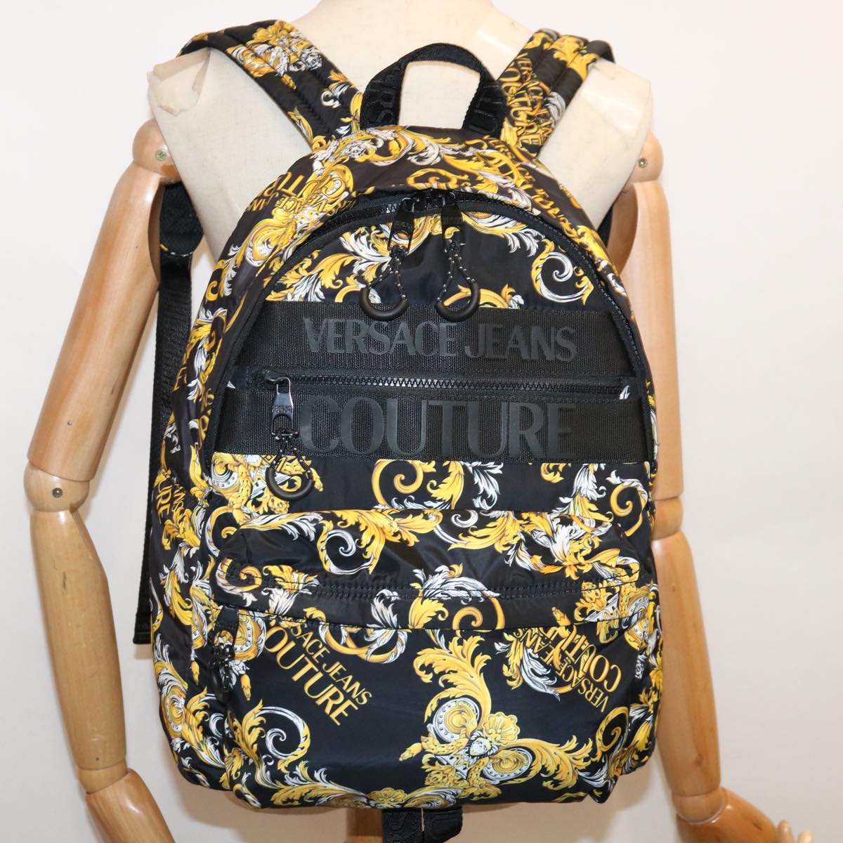 VERSACE Backpack Nylon Brown Yellow Auth bs11669