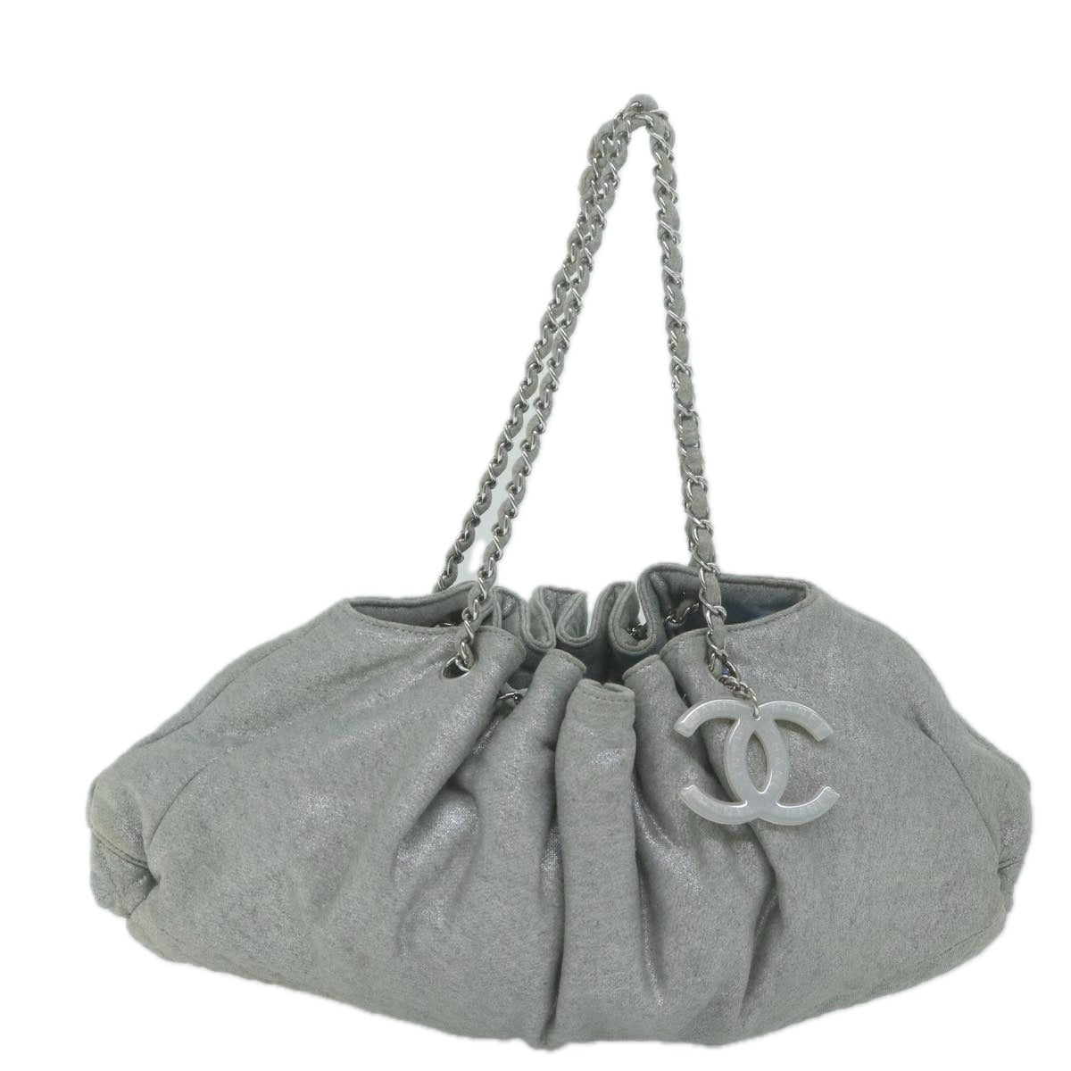 CHANEL Chain Shoulder Bag Canvas Gray CC Auth bs11680