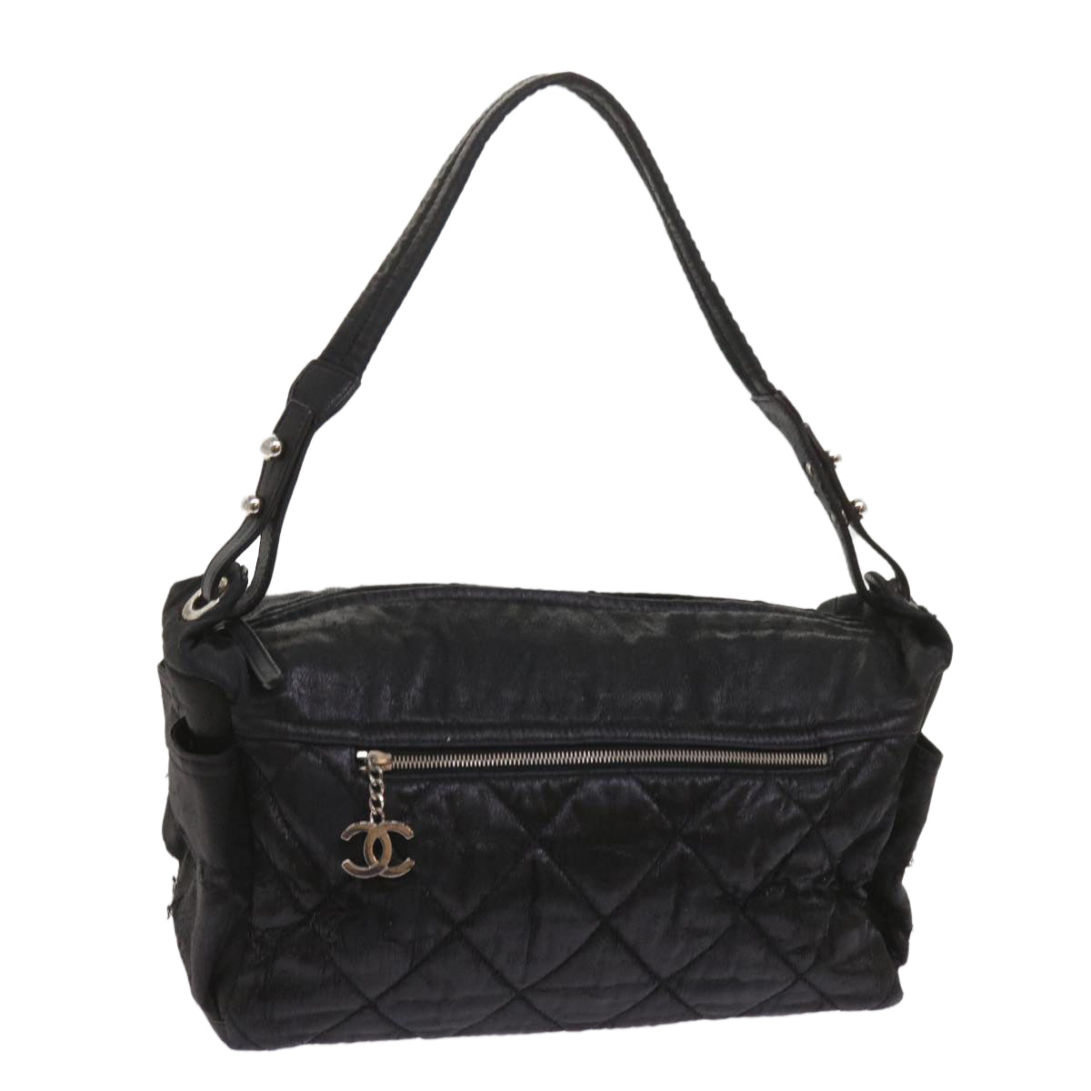 CHANEL Shoulder Bag Coated Canvas Black CC Auth bs11682