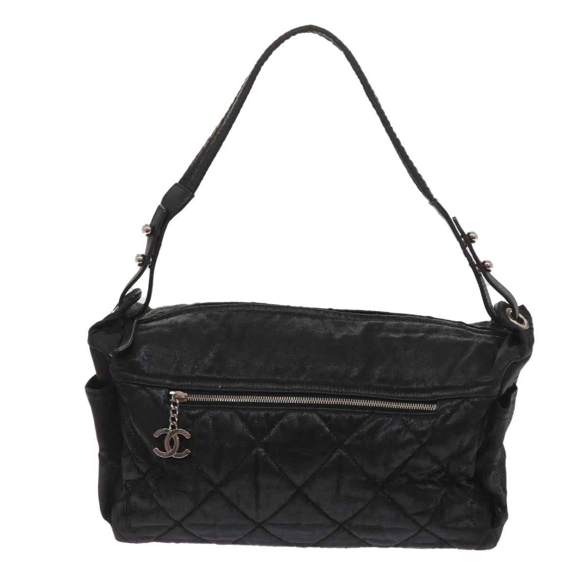 CHANEL Shoulder Bag Coated Canvas Black CC Auth bs11682