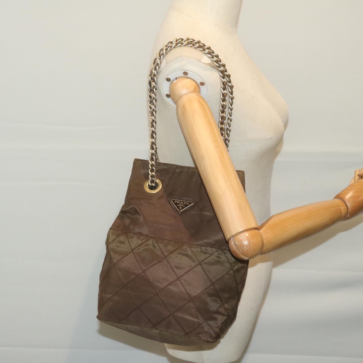 PRADA Quilted Chain Shoulder Bag Nylon Khaki Auth bs11697