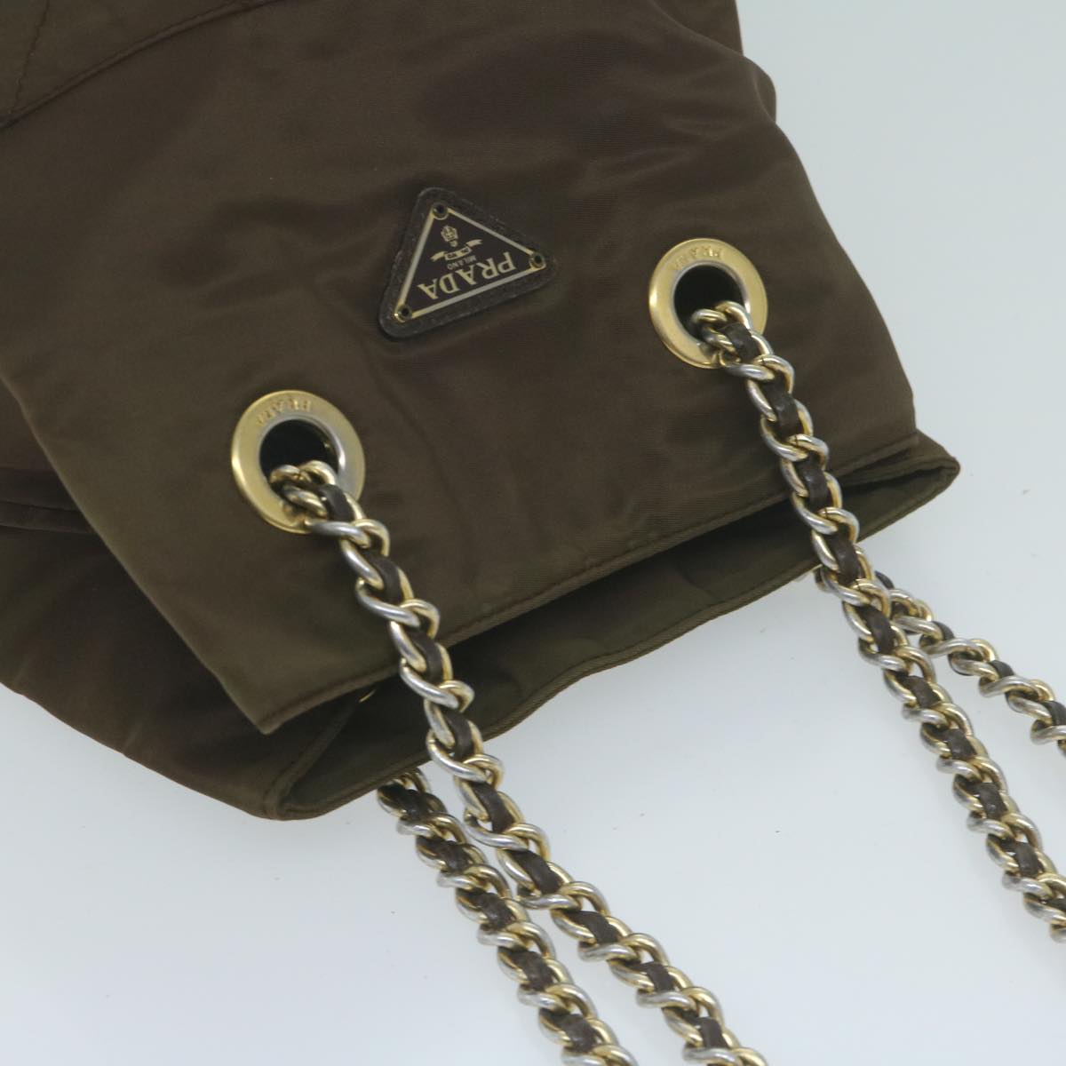 PRADA Quilted Chain Shoulder Bag Nylon Khaki Auth bs11697