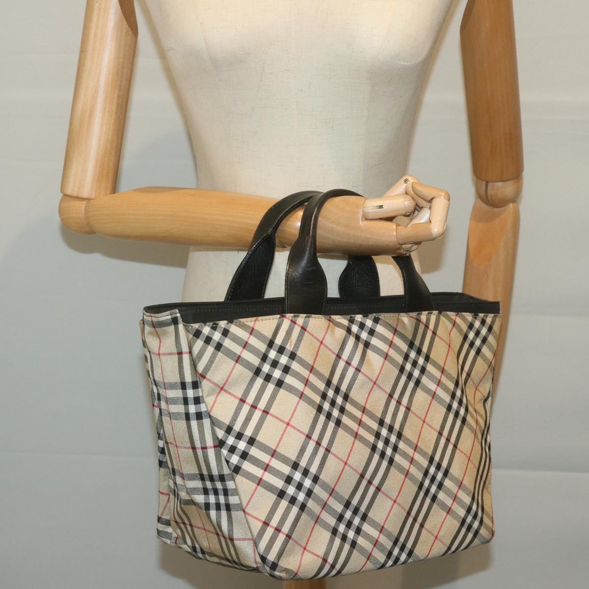 BURBERRY Nova Check Blue Label Hand Bag Nylon Beige Black Auth bs11732