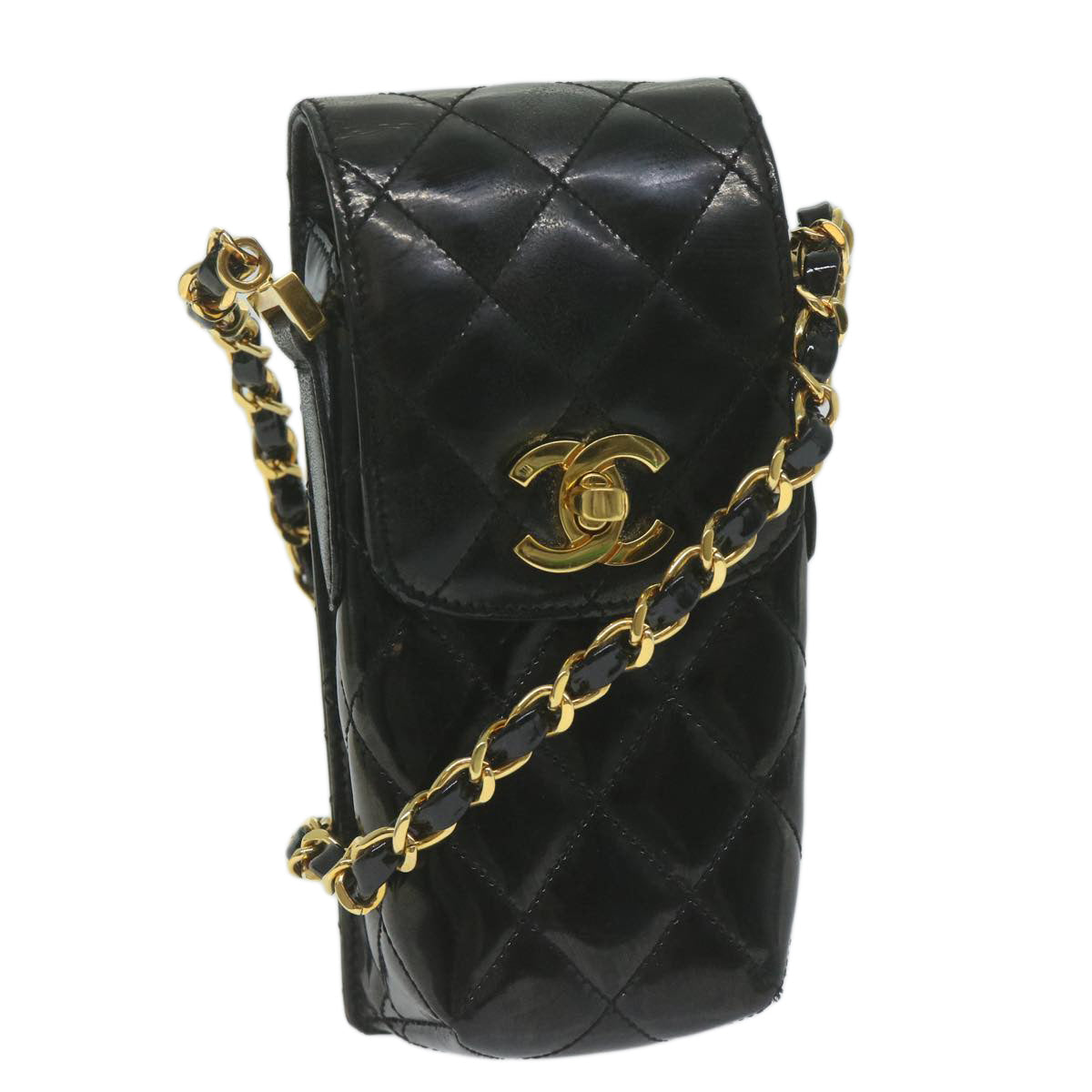 CHANEL Matelasse Chain Shoulder Bag Patent leather Black CC Auth bs11765