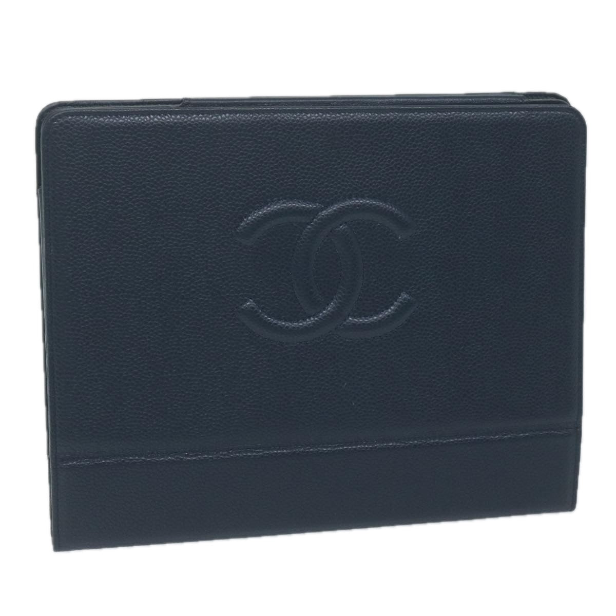 CHANEL iPad Case Caviar Skin Navy CC Auth bs11785