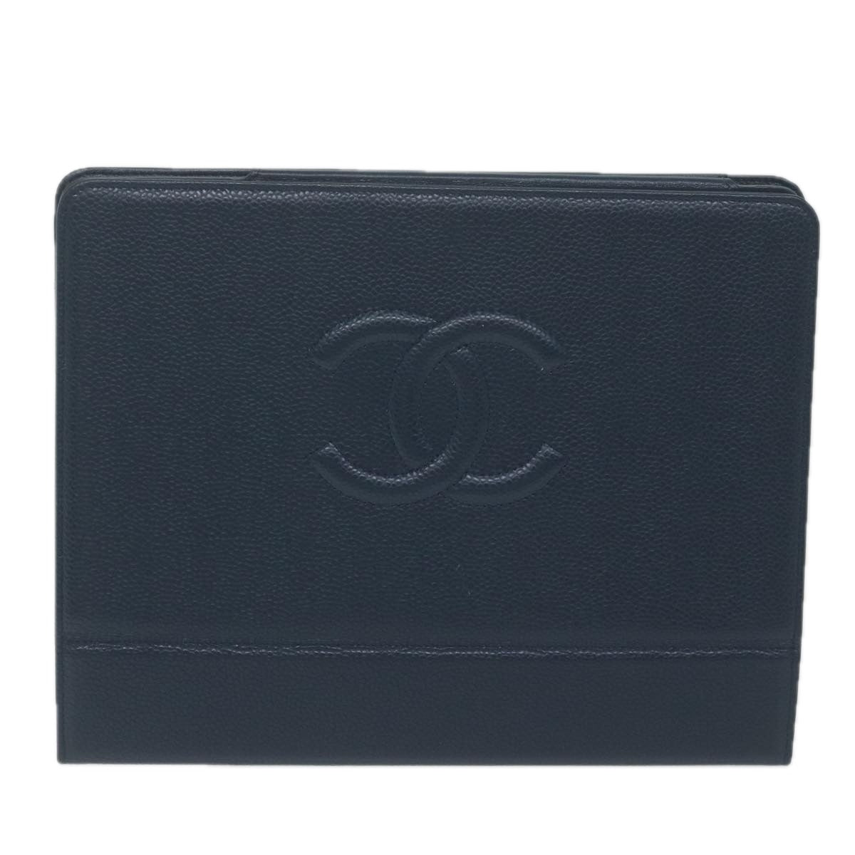 CHANEL iPad Case Caviar Skin Navy CC Auth bs11785