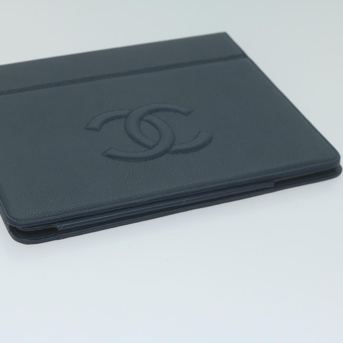 CHANEL iPad Case Caviar Skin Navy CC Auth bs11785