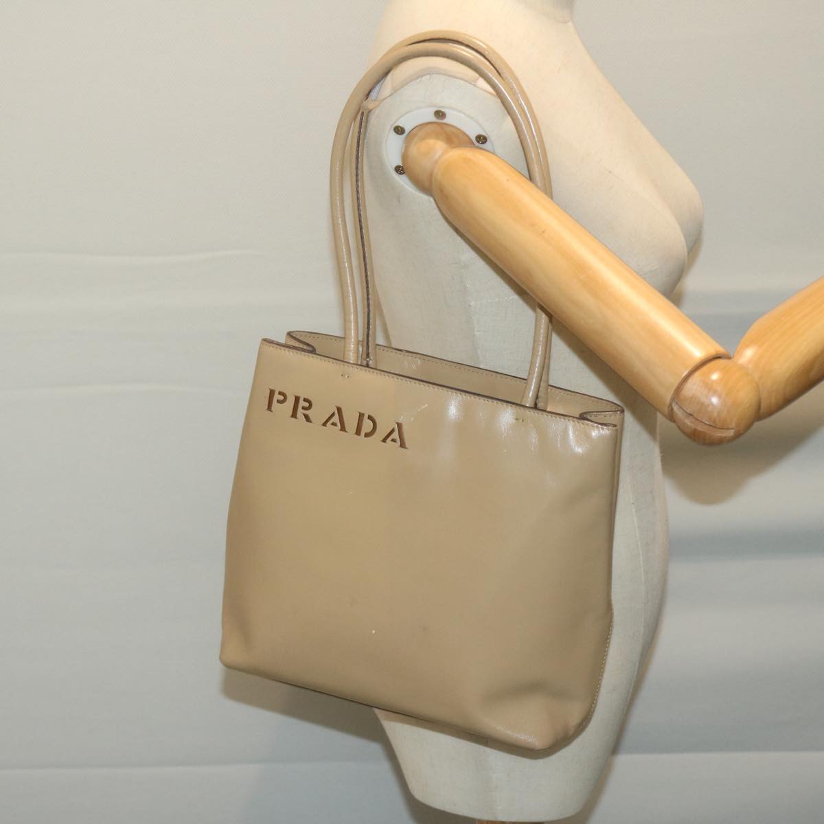 PRADA Shoulder Bag Leather Beige Auth bs11849