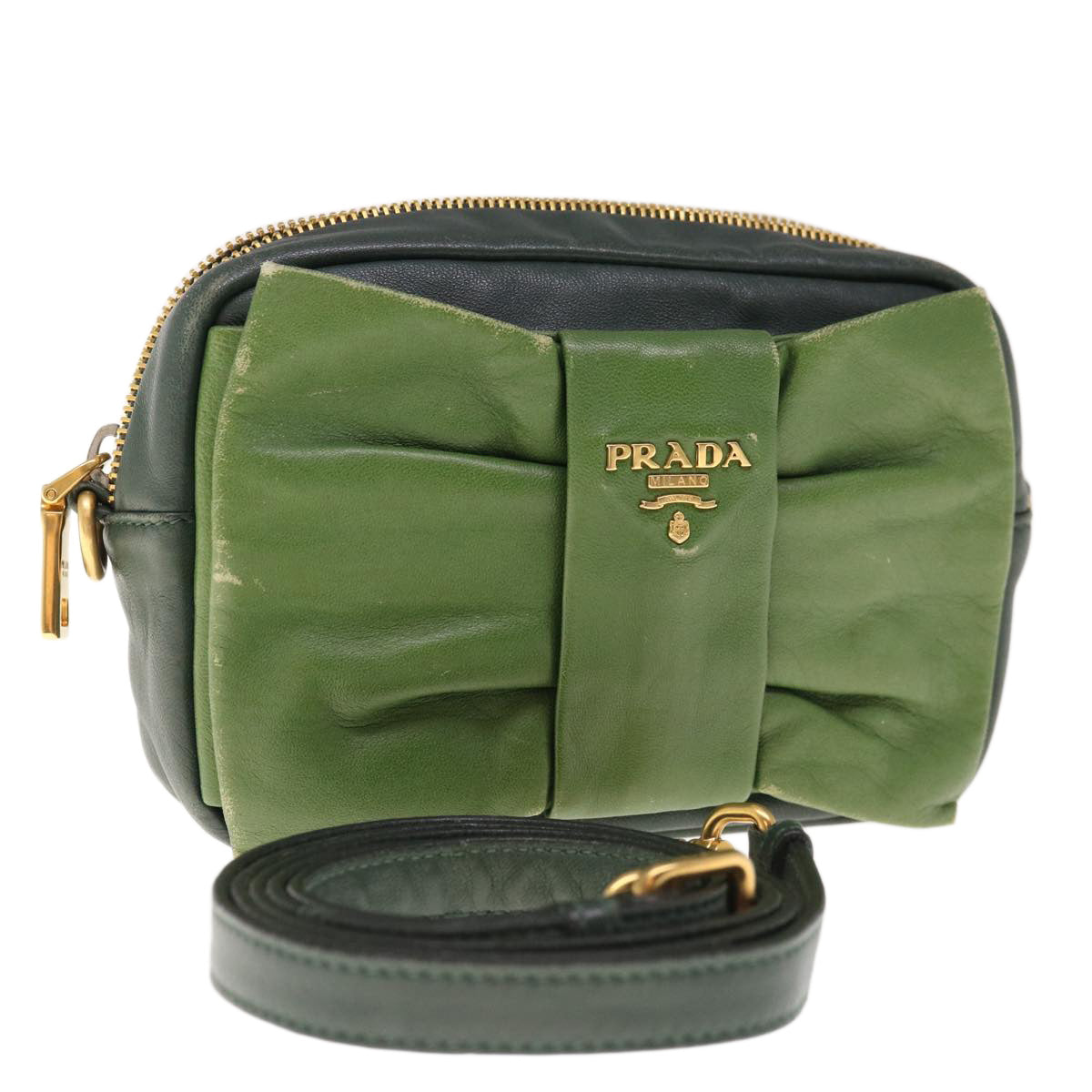 PRADA Shoulder Bag Leather Green Auth bs11850