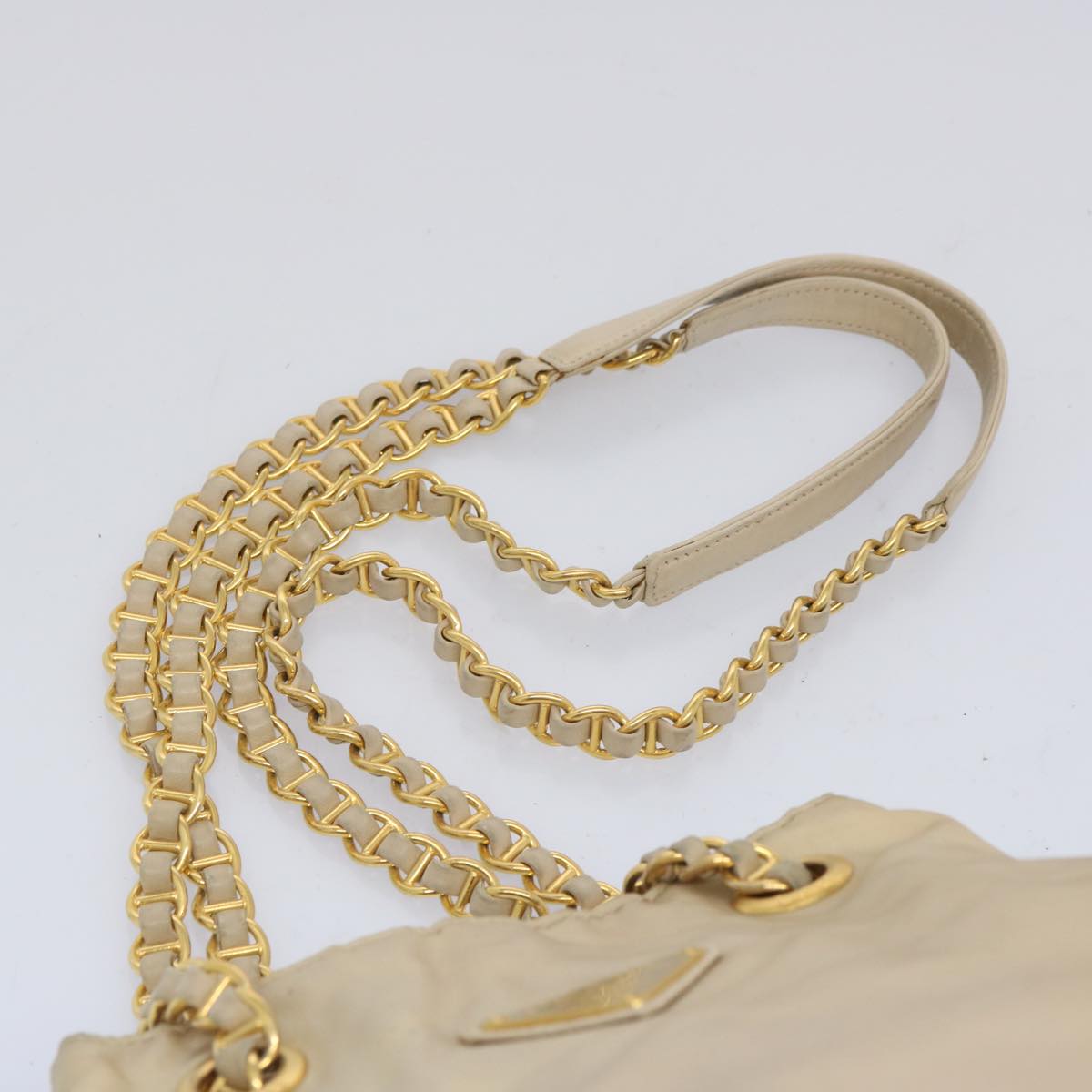PRADA Chain Shoulder Bag Nylon Beige Auth bs11883