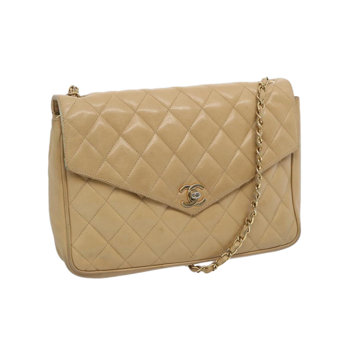 CHANEL Matelasse Chain Shoulder Bag Lamb Skin Beige CC Auth bs11898