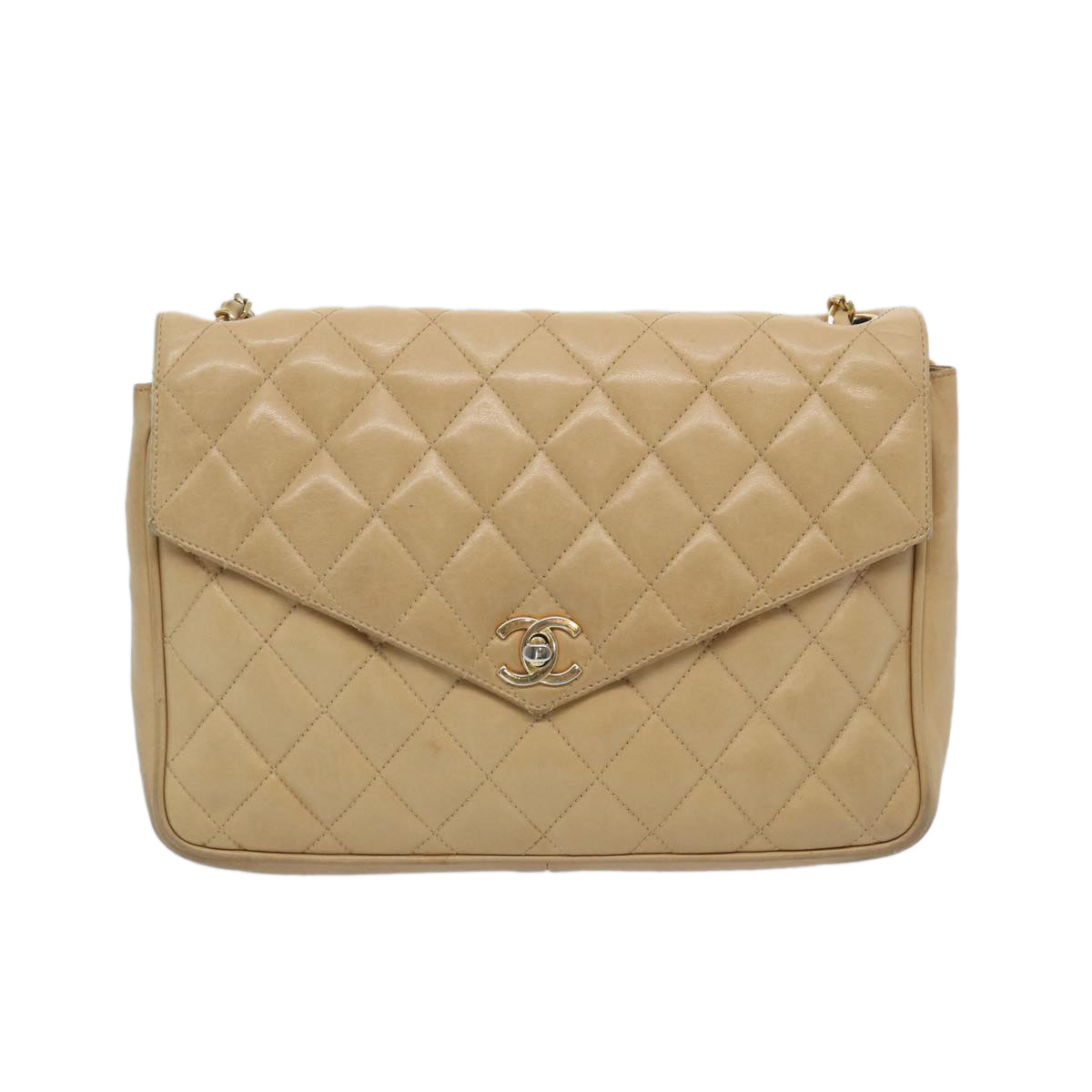 CHANEL Matelasse Chain Shoulder Bag Lamb Skin Beige CC Auth bs11898