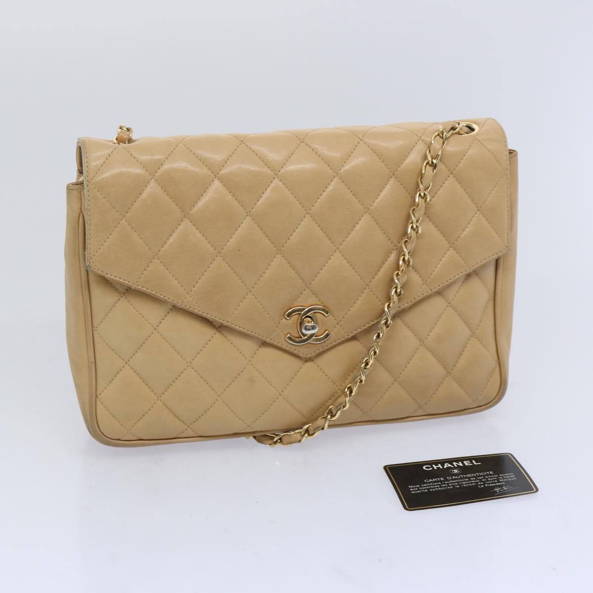 CHANEL Matelasse Chain Shoulder Bag Lamb Skin Beige CC Auth bs11898