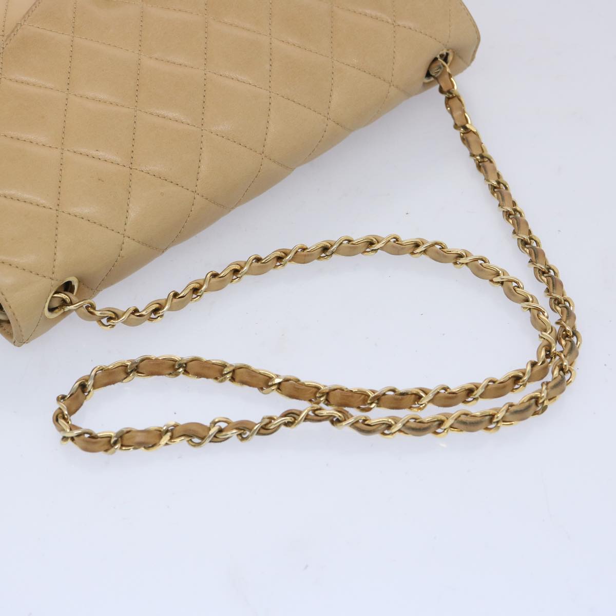 CHANEL Matelasse Chain Shoulder Bag Lamb Skin Beige CC Auth bs11898