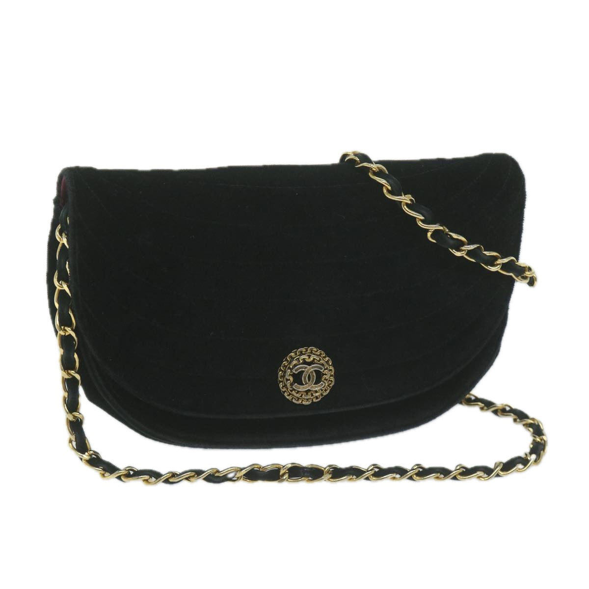 CHANEL Chain Shoulder Bag Velor Black CC Auth bs11901