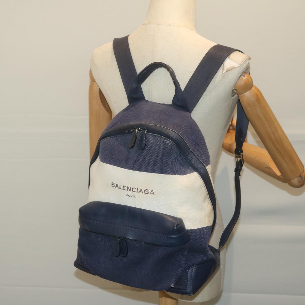 BALENCIAGA Backpack Canvas White Navy 409010 Auth bs11904