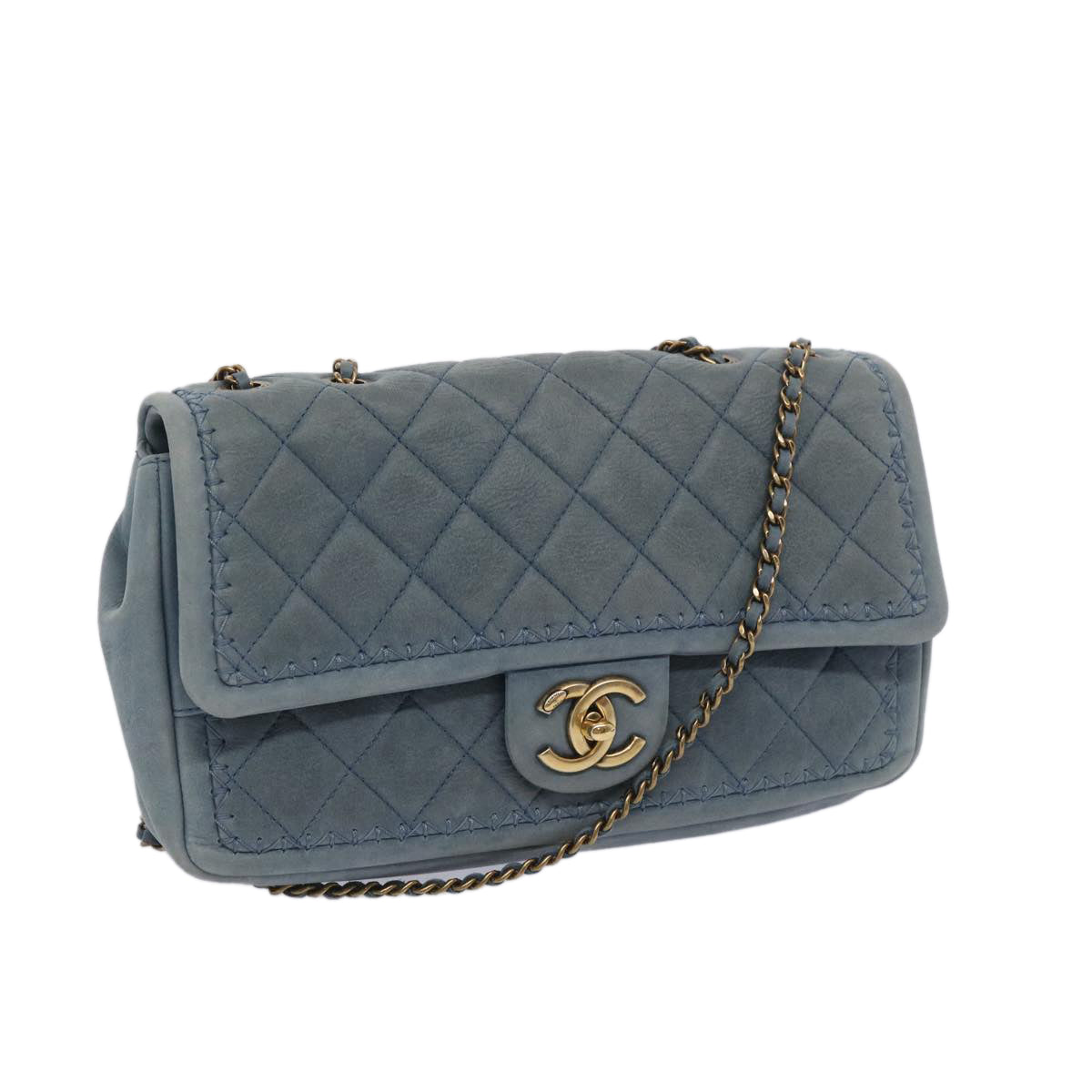 CHANEL Matelasse Chain Shoulder Bag Leather Blue CC Auth bs11918