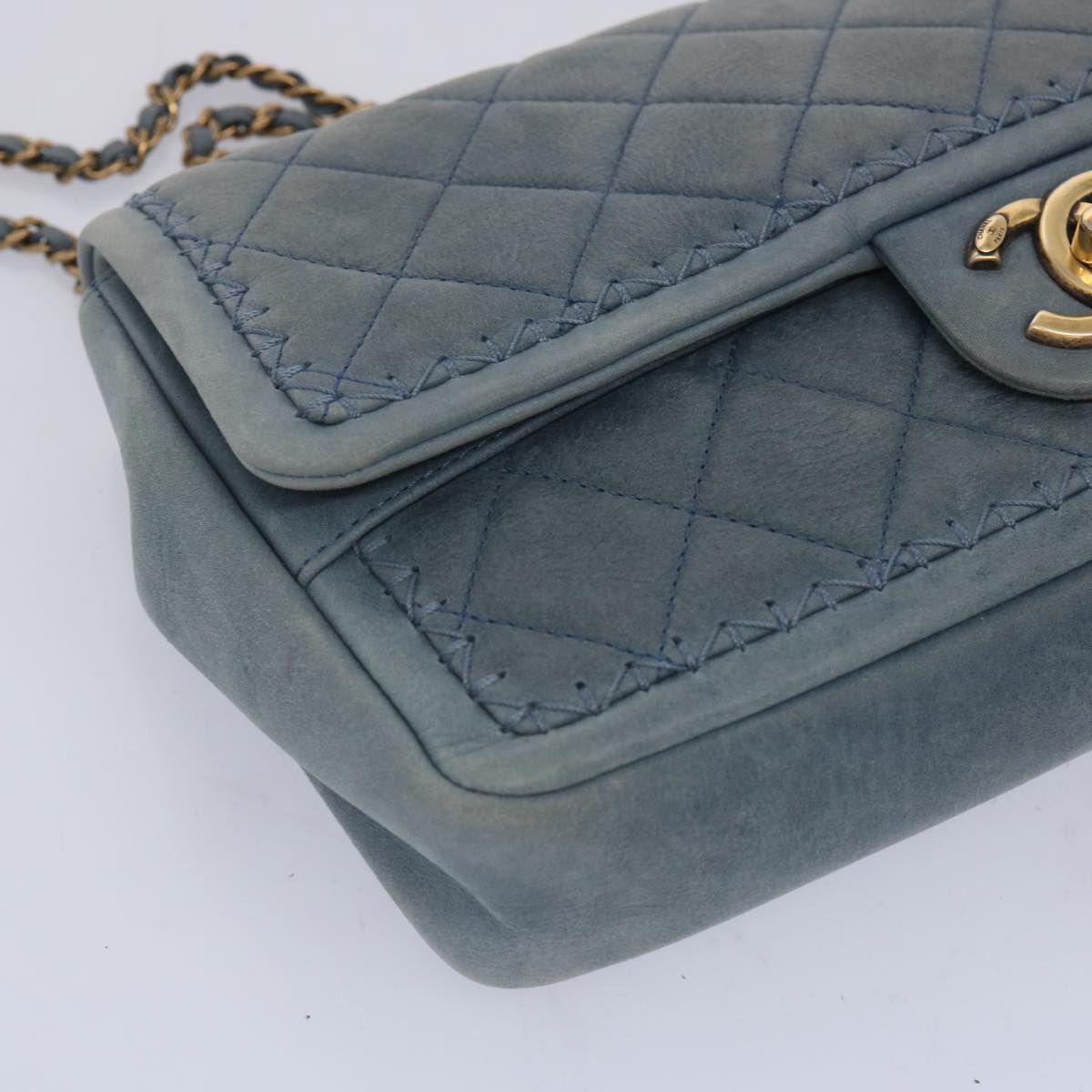 CHANEL Matelasse Chain Shoulder Bag Leather Blue CC Auth bs11918