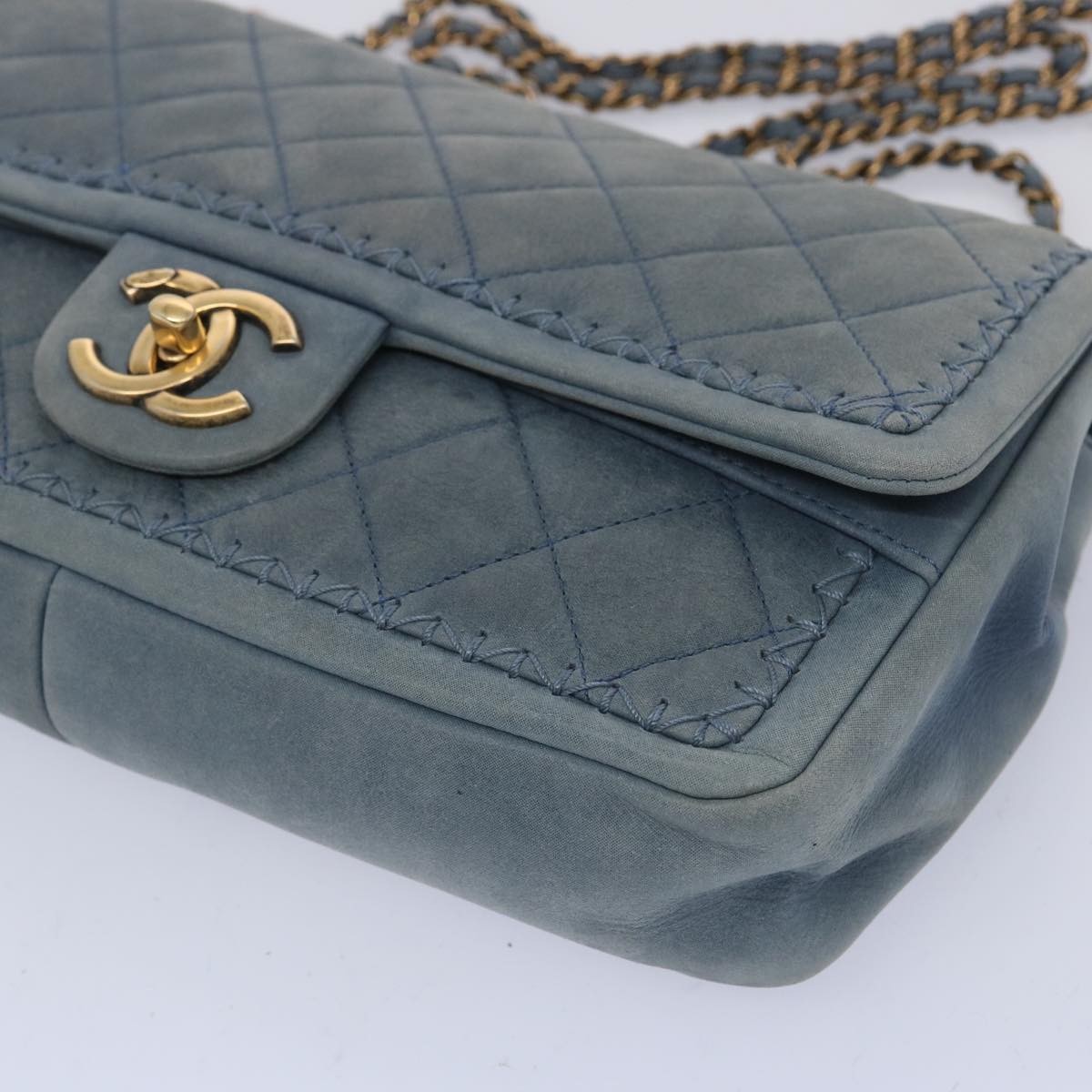 CHANEL Matelasse Chain Shoulder Bag Leather Blue CC Auth bs11918