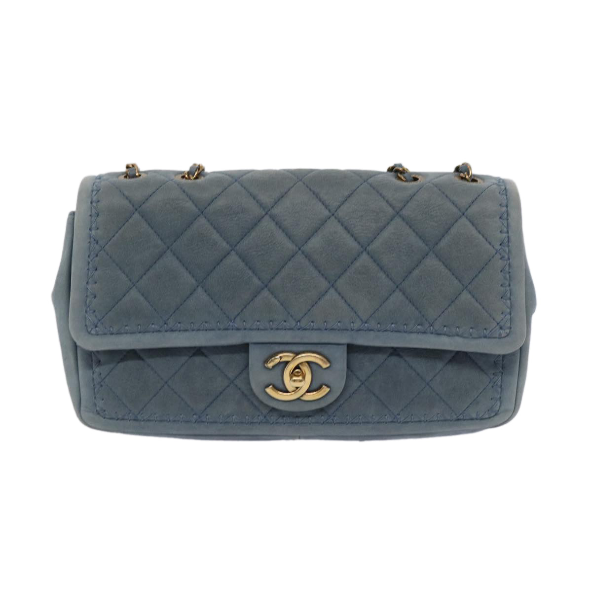 CHANEL Matelasse Chain Shoulder Bag Leather Blue CC Auth bs11918