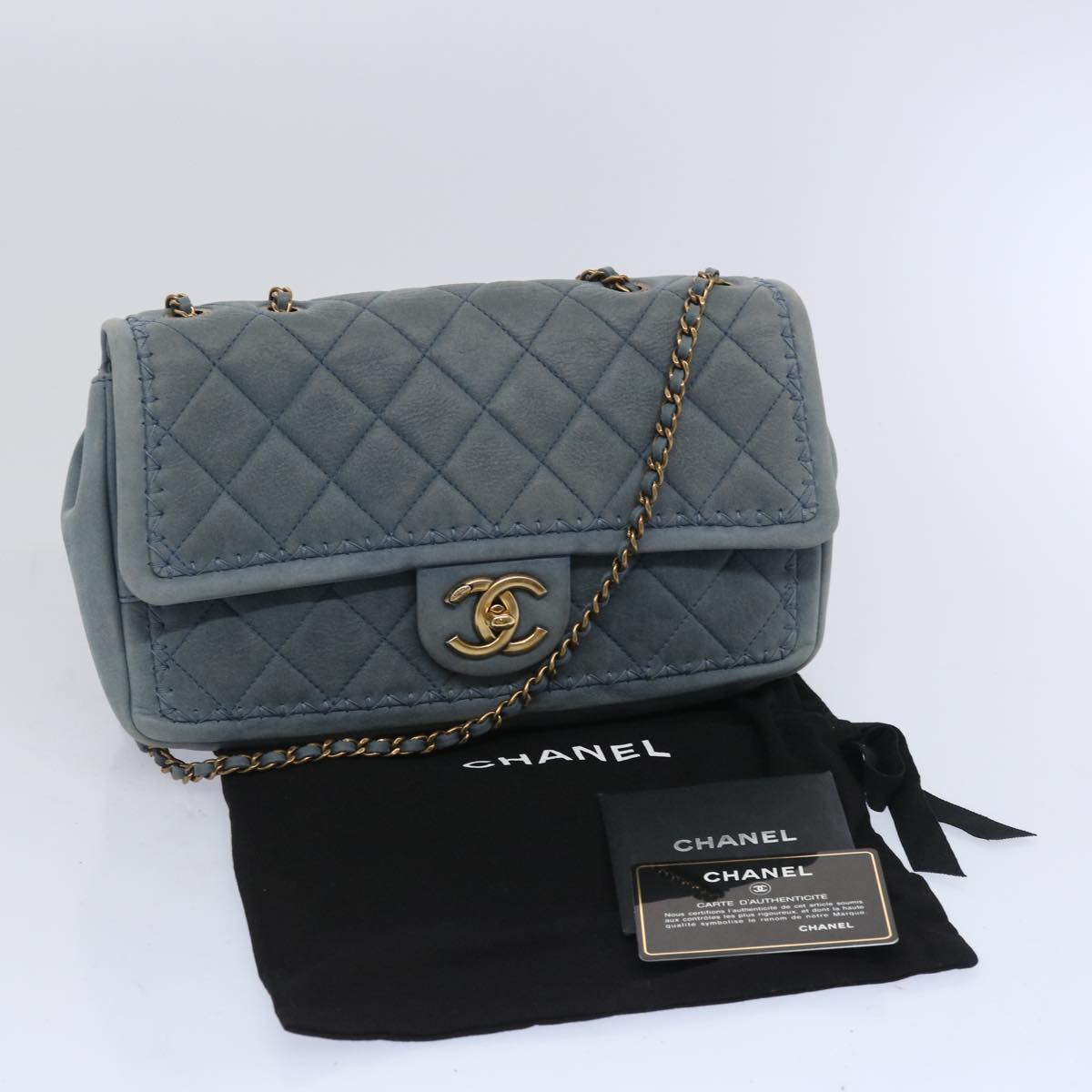 CHANEL Matelasse Chain Shoulder Bag Leather Blue CC Auth bs11918