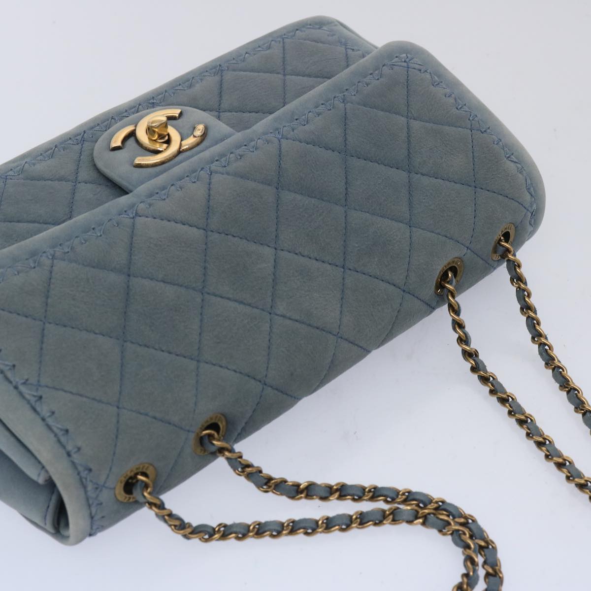 CHANEL Matelasse Chain Shoulder Bag Leather Blue CC Auth bs11918