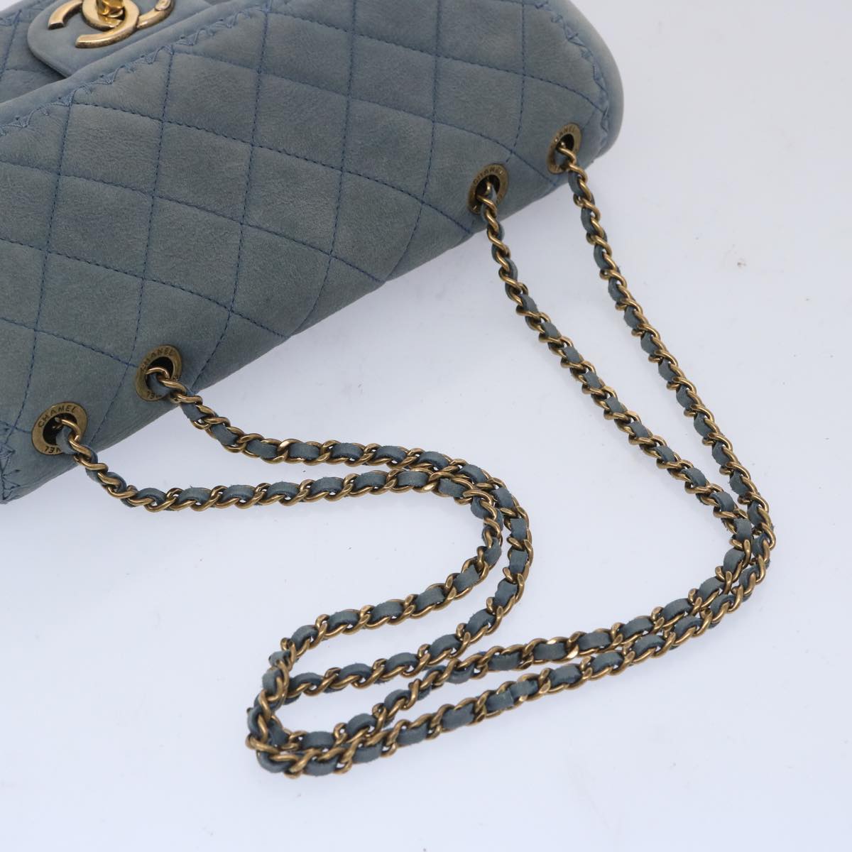 CHANEL Matelasse Chain Shoulder Bag Leather Blue CC Auth bs11918