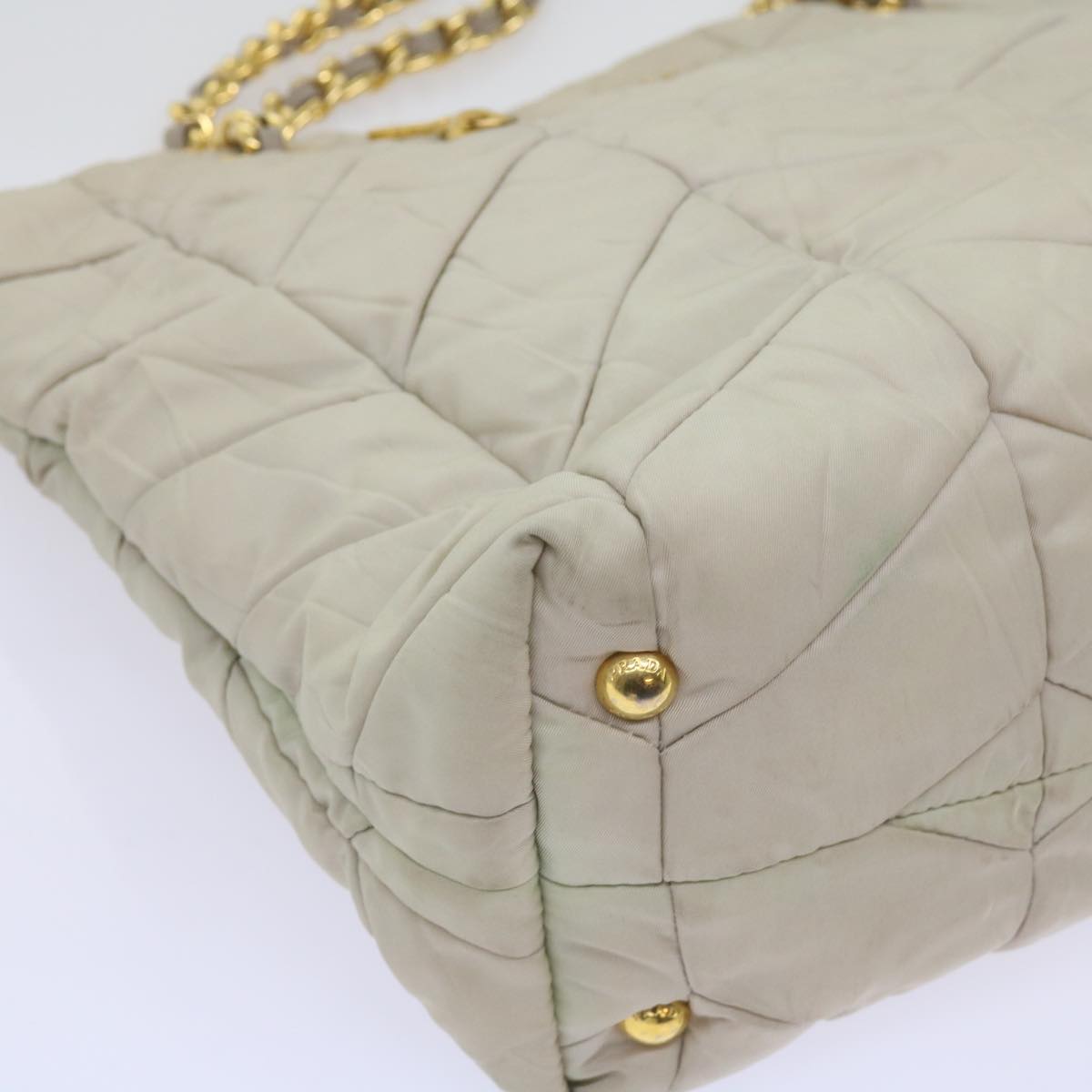 PRADA Quilted Chain Shoulder Bag Nylon Cream Gray Auth bs11952