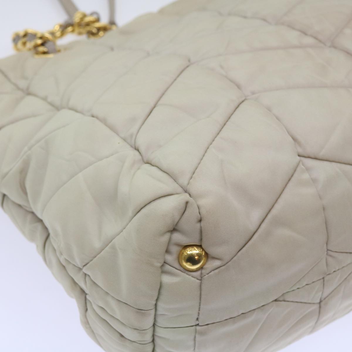 PRADA Quilted Chain Shoulder Bag Nylon Cream Gray Auth bs11952