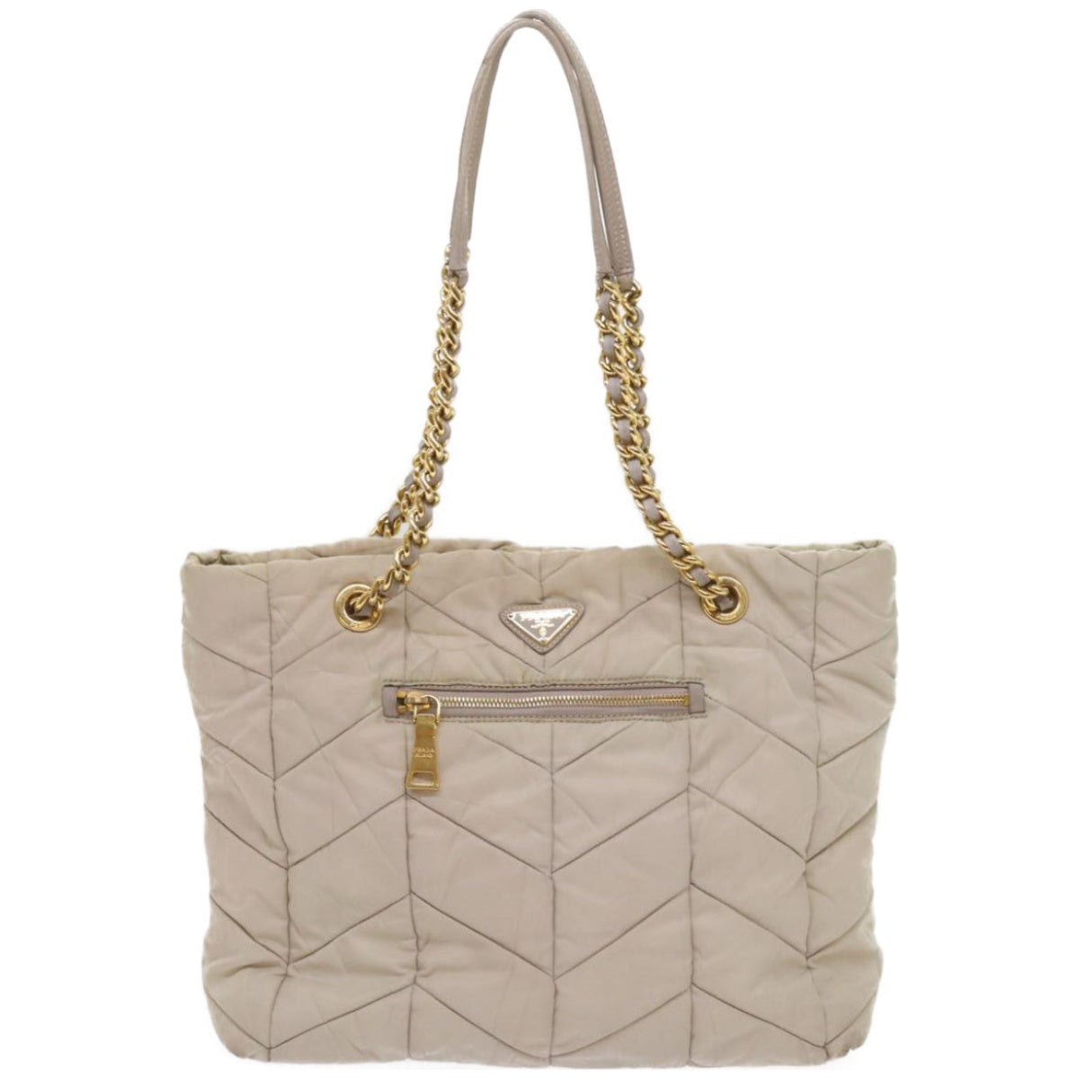 PRADA Quilted Chain Shoulder Bag Nylon Cream Gray Auth bs11952