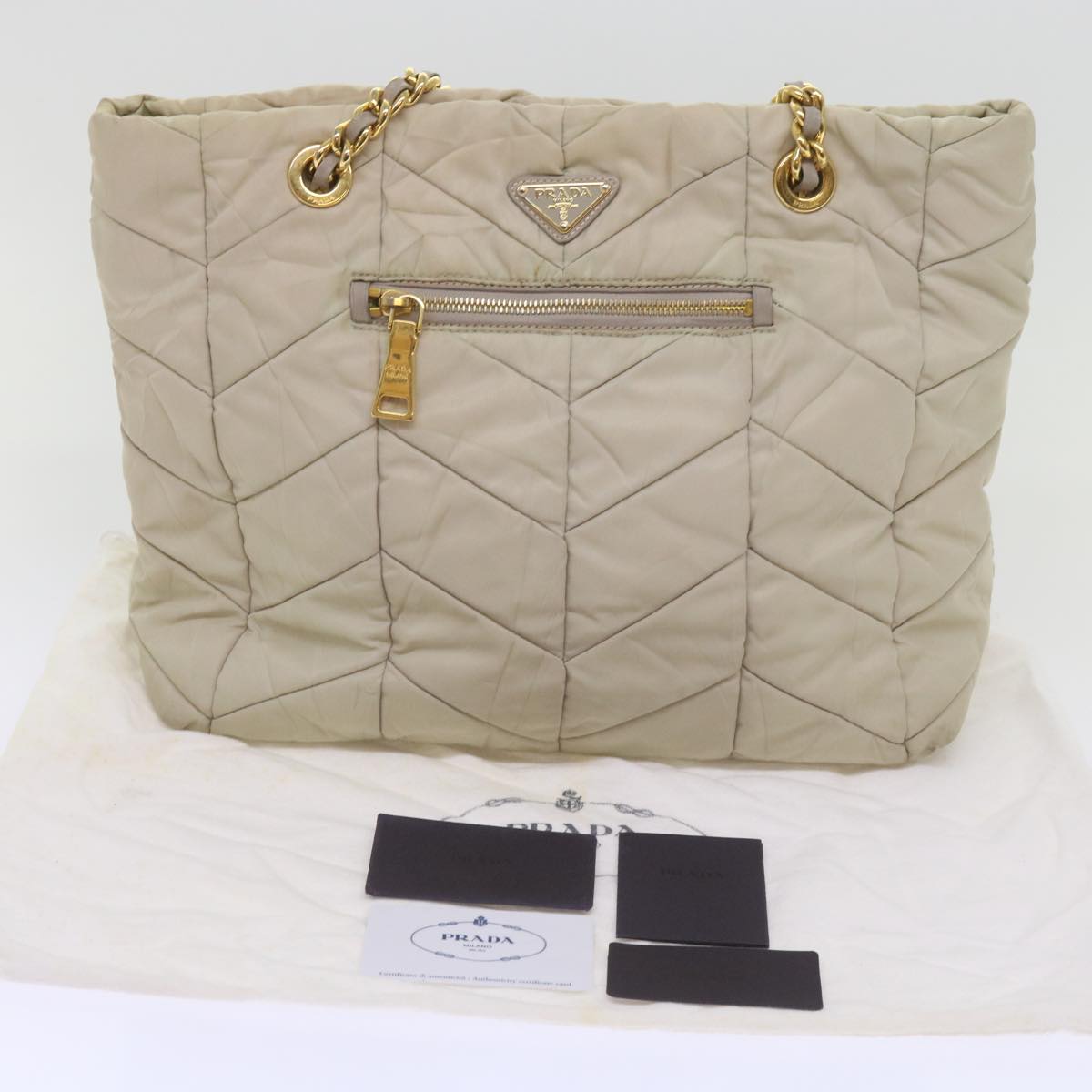 PRADA Quilted Chain Shoulder Bag Nylon Cream Gray Auth bs11952