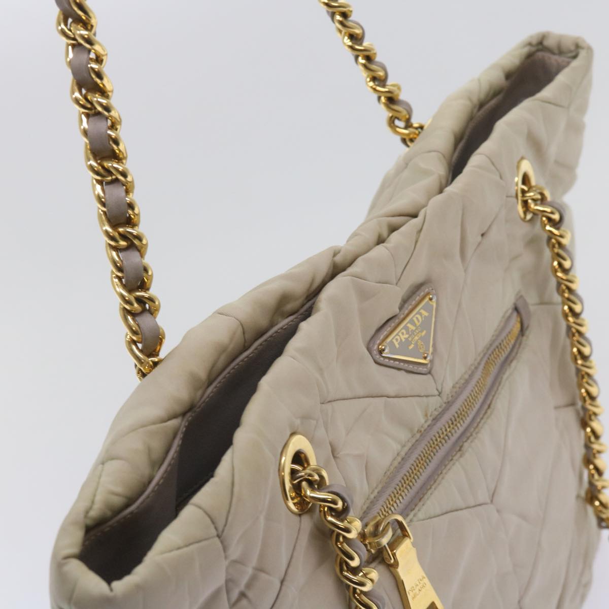 PRADA Quilted Chain Shoulder Bag Nylon Cream Gray Auth bs11952