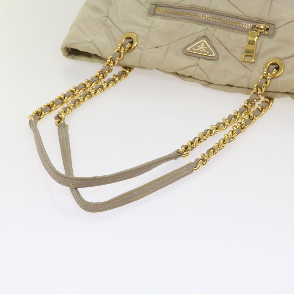 PRADA Quilted Chain Shoulder Bag Nylon Cream Gray Auth bs11952