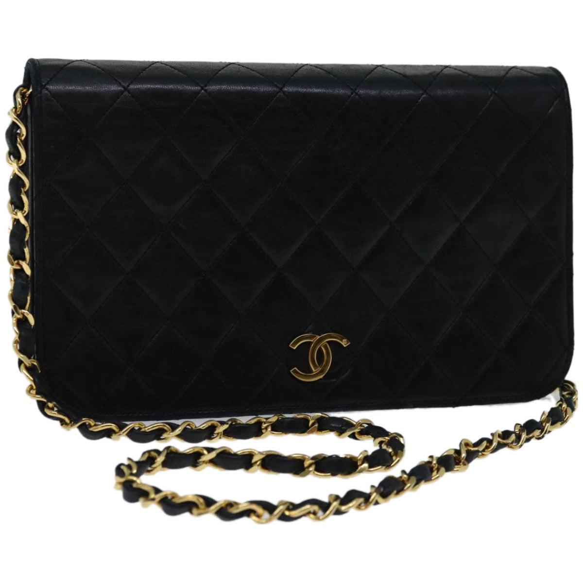 CHANEL Matelasse Chain Shoulder Bag Lamb Skin Black CC Auth bs11976