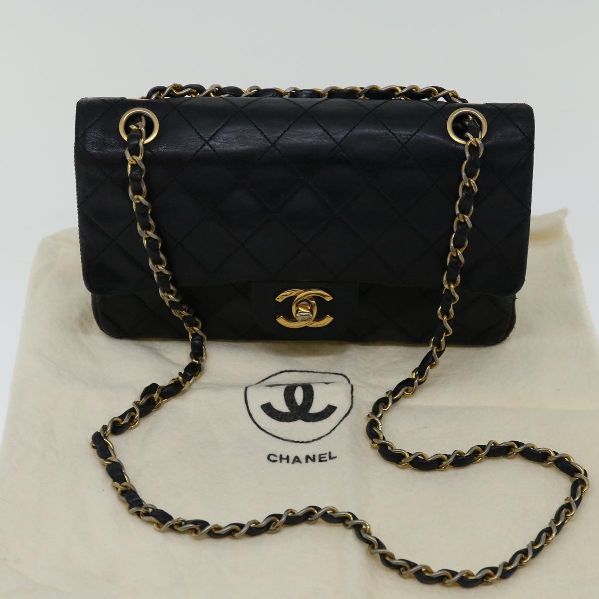 CHANEL Classic Matelasse 25 Chain Shoulder Bag Lamb Skin Black CC Auth bs11978