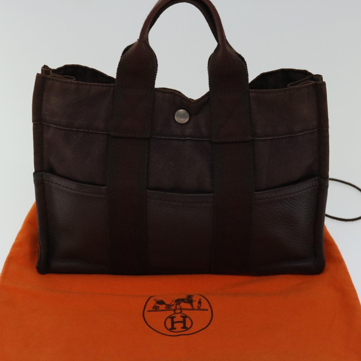 HERMES Fourre Tout PM Hand Bag Canvas Leather Brown Auth bs12005