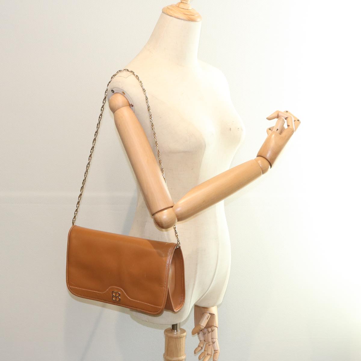 BALENCIAGA Chain Shoulder Bag Leather Brown Auth bs12039