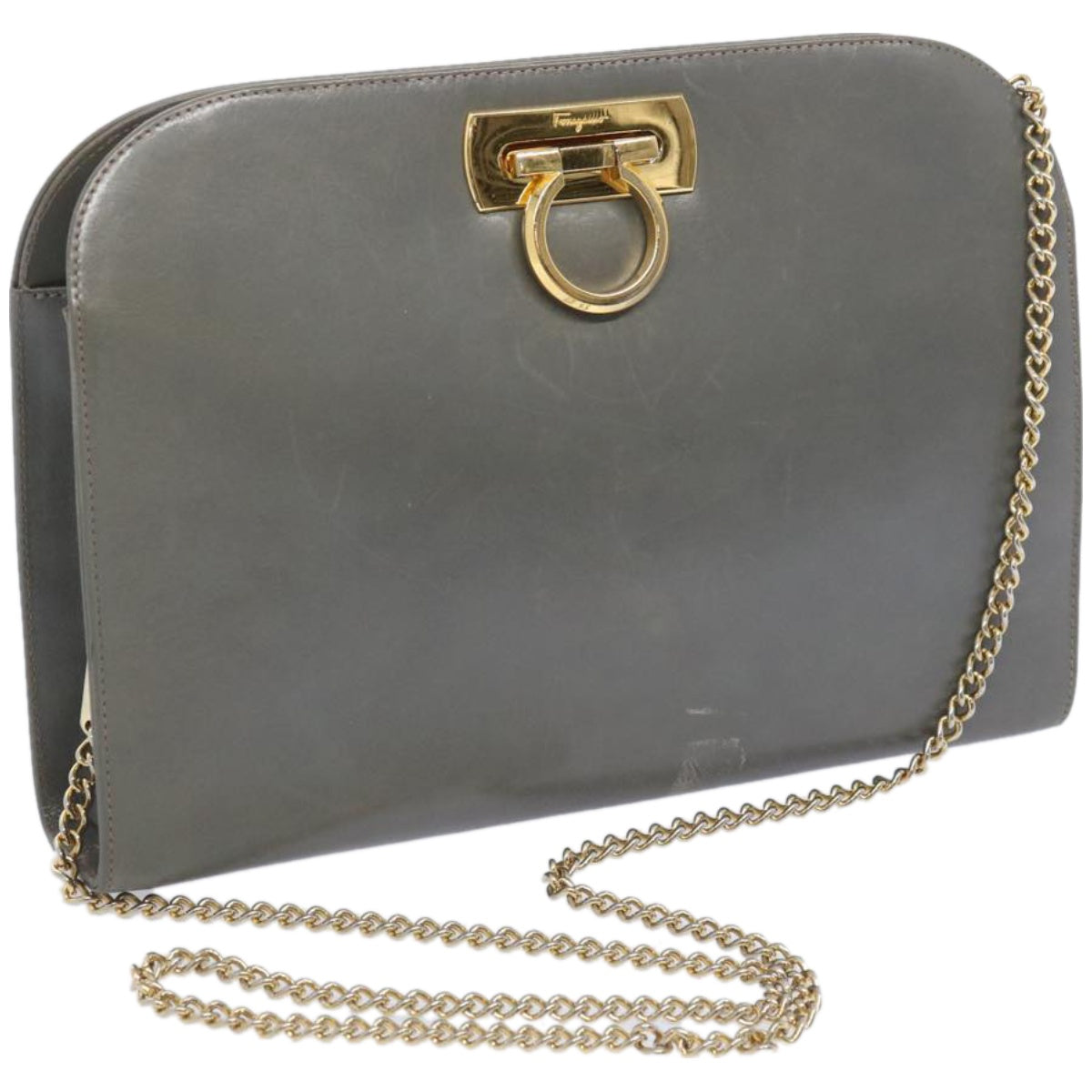 Salvatore Ferragamo Chain Shoulder Bag Leather Gray Auth bs12090